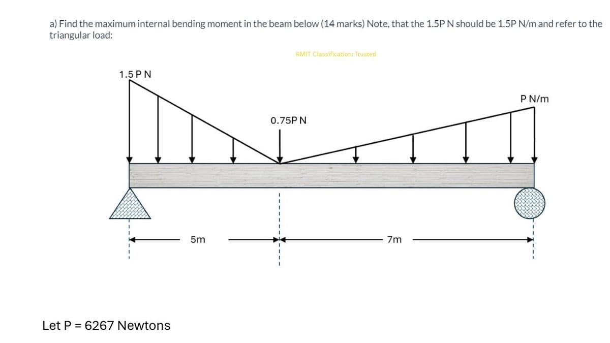 a) Find the maximum internal bending moment in the beam below (14 marks) Note, that the 1.5P N should be 1.5P N/m and refer to the
triangular load:
1.5PN
Let P = 6267 Newtons
RMIT Classification: Trusted
0.75P N
7m
5m
PN/m