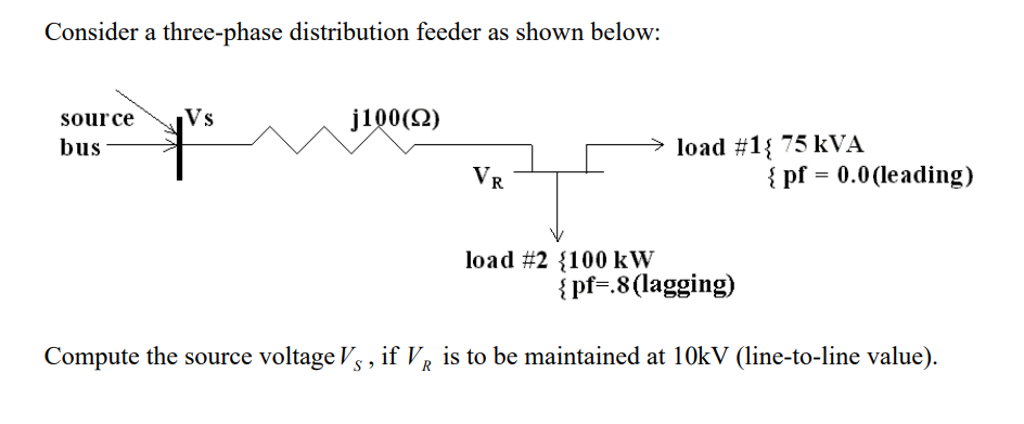 Consider a three-phase distribution feeder as shown below:
source
Vs
ji00(2)
load #1{ 75 kVA
bus
VR
{ pf = 0.0(leading)
load #2 {100 kW
{ pf=.8(lagging)
Compute the source voltage Vs , if VR is to be maintained at 10kV (line-to-line value).
