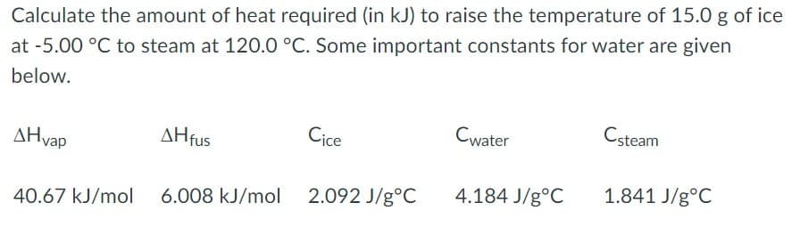 Calculate the amount of heat required (in kJ) to raise the temperature of 15.0 g of ice
at -5.00 °C to steam at 120.0 °C. Some important constants for water are given
below.
AHvap
ΔΗfus
Cice
Cwater
Csteam
4.184 J/g°C
1.841 J/g°C
40.67 kJ/mol 6.008 kJ/mol 2.092 J/g°C
