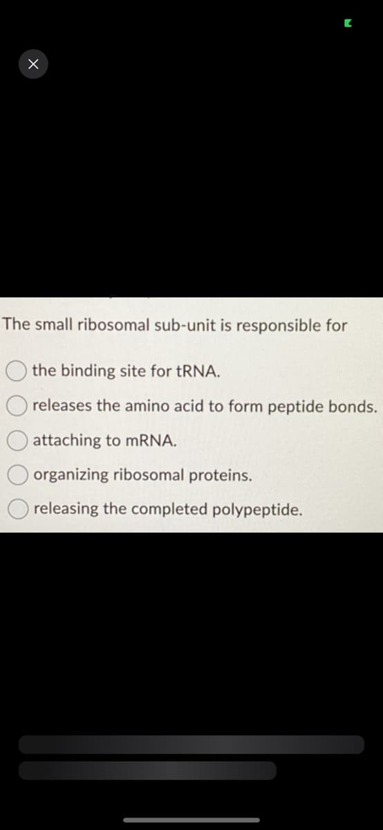 X
The small ribosomal sub-unit is responsible for
the binding site for tRNA.
releases the amino acid to form peptide bonds.
attaching to mRNA.
organizing ribosomal proteins.
releasing the completed polypeptide.
