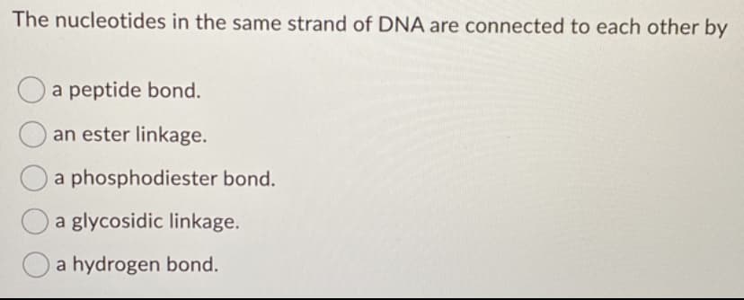 The nucleotides in the same strand of DNA are connected to each other by
a peptide bond.
an ester linkage.
a phosphodiester bond.
a glycosidic linkage.
a hydrogen bond.