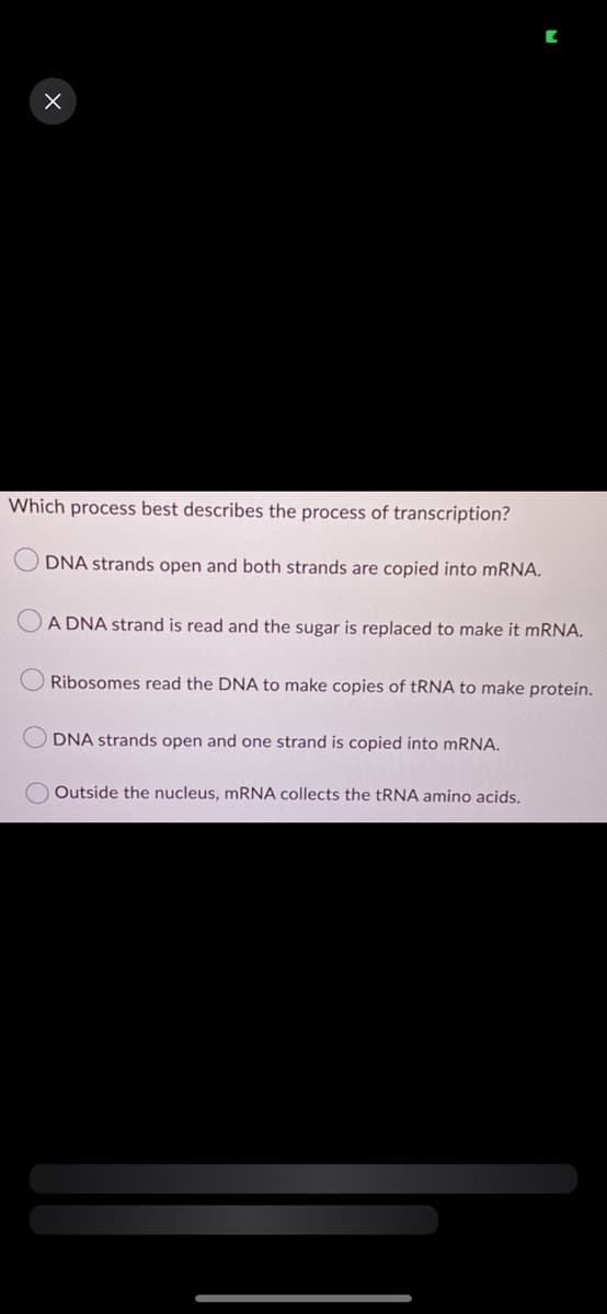 X
Which process best describes the process of transcription?
ODNA strands open and both strands are copied into mRNA.
A DNA strand is read and the sugar is replaced to make it mRNA.
Ribosomes read the DNA to make copies of tRNA to make protein.
DNA strands open and one strand is copied into mRNA.
Outside the nucleus, mRNA collects the tRNA amino acids.