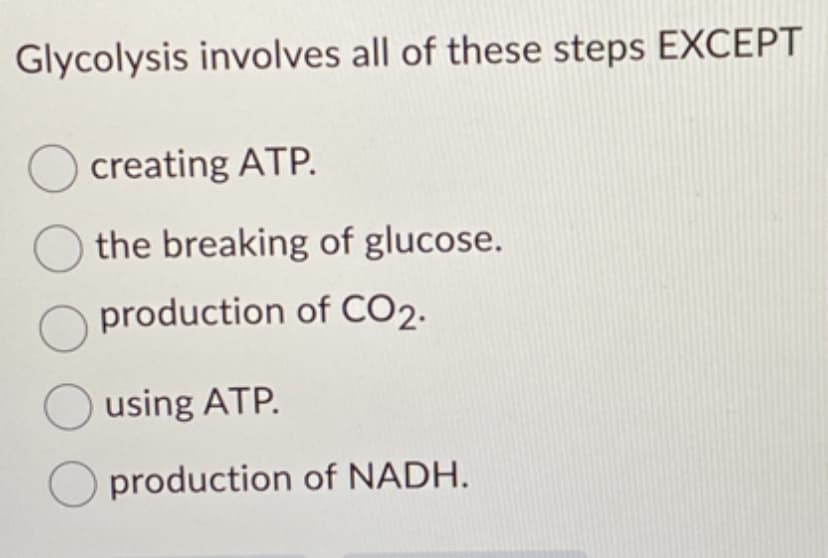 Glycolysis involves all of these steps EXCEPT
O creating ATP.
the breaking of glucose.
O production of CO2.
O using ATP.
O production of NADH.