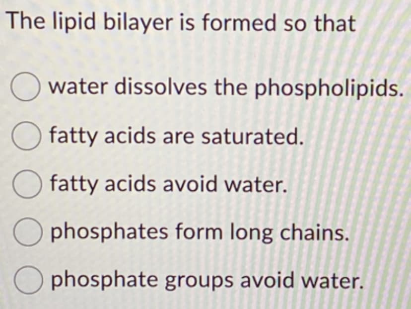 The lipid bilayer is formed so that
water dissolves the phospholipids.
O fatty acids are saturated.
fatty acids avoid water.
phosphates form long chains.
phosphate groups avoid water.