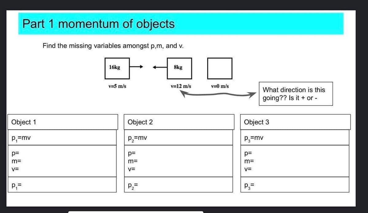 Part 1 momentum of objects
Find the missing variables amongst p,m, and v.
16kg
8kg
v=5 m/s
v=12 m/s
v=0 m/s
What direction is this
going?? Is it + or -
Object 1
Object 2
Object 3
p.=mv
p,=mv
P,=mv
p=
p=
p=
m=
m=
m=
V=
v=
V=
P,=
P3=
