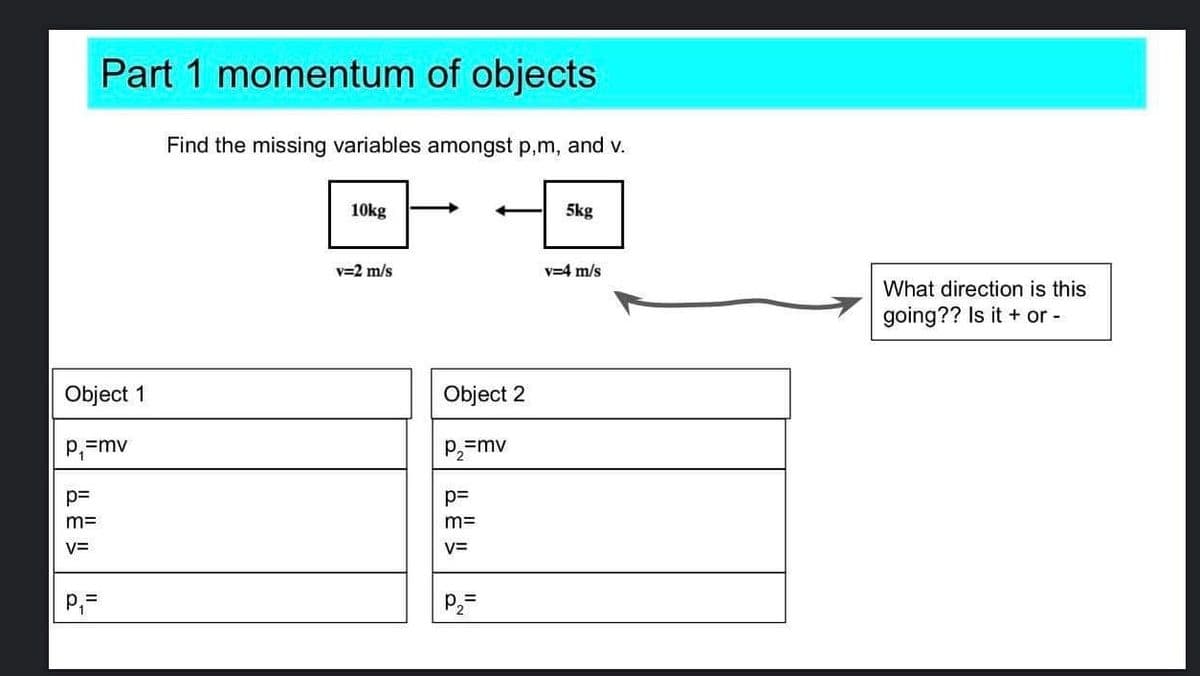 Part 1 momentum of objects
Find the missing variables amongst p,m, and v.
10kg
5kg
v=2 m/s
v=4 m/s
What direction is this
going?? Is it + or -
Object 1
Object 2
P,=mv
P,=mv
p=
p=
m=
m=
V=
V=
