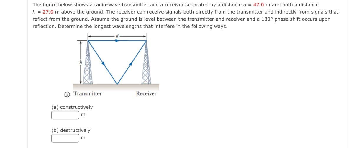 The figure below shows a radio-wave transmitter and a receiver separated by a distance d = 47.0 m and both a distance
h = 27.0 m above the ground. The receiver can receive signals both directly from the transmitter and indirectly from signals that
reflect from the ground. Assume the ground is level between the transmitter and receiver and a 180° phase shift occurs upon
reflection. Determine the longest wavelengths that interfere in the following ways.
O Transmitter
Receiver
(a) constructively
(b) destructively
