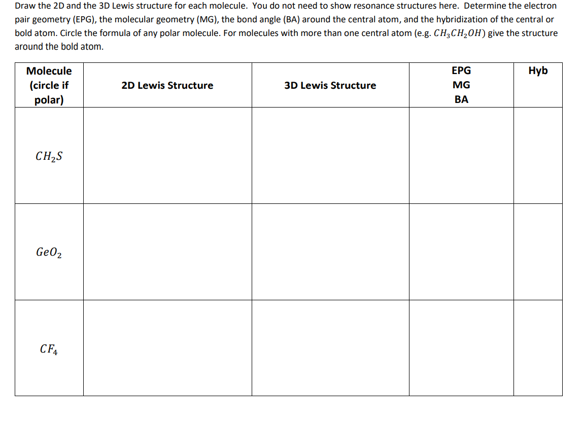 Draw the 2D and the 3D Lewis structure for each molecule. You do not need to show resonance structures here. Determine the electron
pair geometry (EPG), the molecular geometry (MG), the bond angle (BA) around the central atom, and the hybridization of the central or
bold atom. Circle the formula of any polar molecule. For molecules with more than one central atom (e.g. CH,CH,0H) give the structure
around the bold atom.
Molecule
ЕPG
Hyb
(circle if
polar)
2D Lewis Structure
3D Lewis Structure
MG
ВА
CH,S
GeO2
CF4
