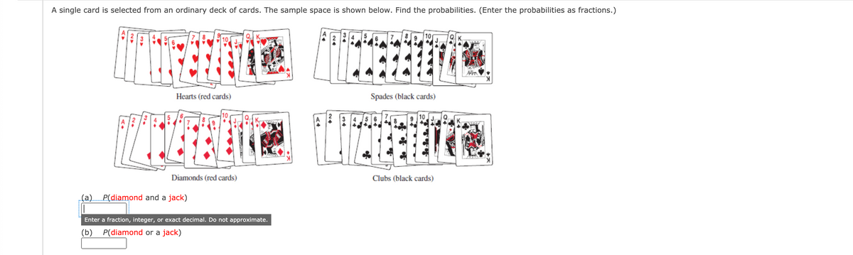 A single card is selected from an ordinary deck of cards. The sample space is shown below. Find the probabilities. (Enter the probabilities as fractions.)
Hearts (red cards)
Spades (black cards)
10
Diamonds (red cards)
Clubs (black cards)
(a). P(diamond and a jack)
Enter a fraction, integer, or exact decimal. Do not approximate.
(b) P(diamond or a jack)
