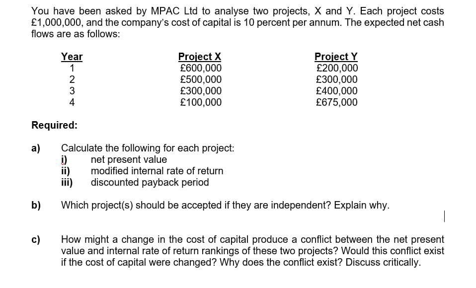 You have been asked by MPAC Ltd to analyse two projects, X and Y. Each project costs
£1,000,000, and the company's cost of capital is 10 percent per annum. The expected net cash
flows are as follows:
Project X
£600,000
£500,000
£300,000
£100,000
Project Y
£200,000
£300,000
£400,000
£675,000
Year
1
3
4
Required:
Calculate the following for each project:
i)
ii)
iii)
a)
net present value
modified internal rate of return
discounted payback period
b)
Which project(s) should be accepted if they are independent? Explain why.
c)
How might a change in the cost of capital produce a conflict between the net present
value and internal rate of return rankings of these two projects? Would this conflict exist
if the cost of capital were changed? Why does the conflict exist? Discuss critically.
