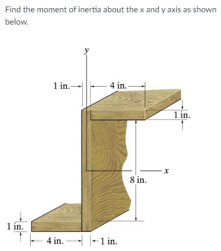 Find the moment of inertia about the x and y axis as shown
below.
1 in.
1 in.
4 in.-
4 in.1 in.
8 in.
X
1 in.
1