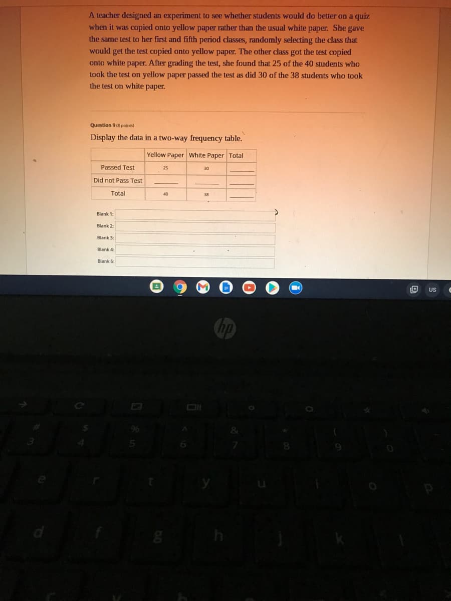 A teacher designed an experiment to see whether students would do better on a quiz
when it was copied onto yellow paper rather than the usual white paper. She gave
the same test to her first and fifth period classes, randomly selecting the class that
would get the test copied onto yellow paper. The other class got the test copied
onto white paper. After grading the test, she found that 25 of the 40 students who
took the test on yellow paper passed the test as did 30 of the 38 students who took
the test on white paper.
Question 9 (8 points)
Display the data in a two-way frequency table.
Yellow Paper White Paper Total
Passed Test
25
30
Did not Pass Test
Total
40
38
Blank 1:
Blank 2:
Blank 3
Blank 4:
Blank 5:
US
