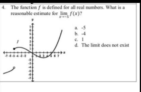 4. The functionƒ is defined for all real numbers. What is a
reasonable estimate for lim f(x)?
X-5
a. -5
b. -4
с. 1
d. The limit does not exist
