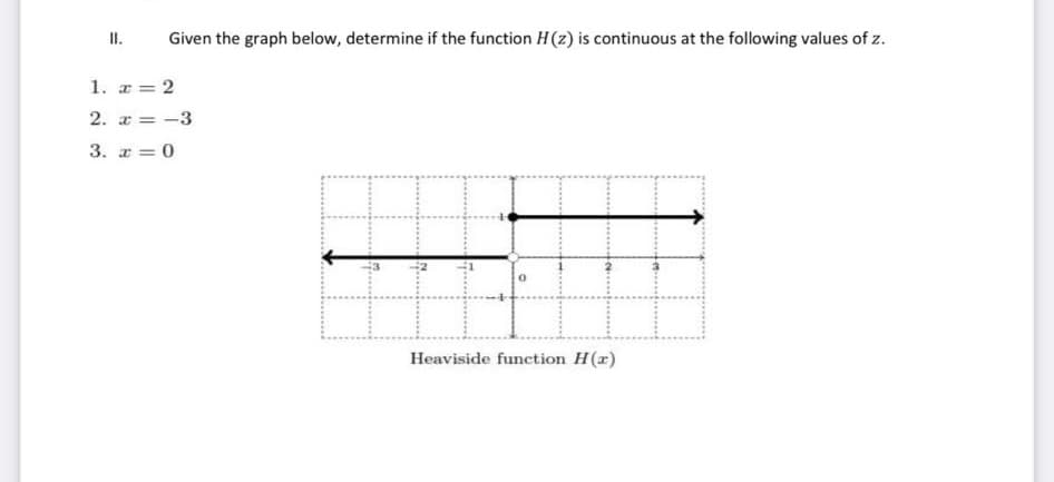 I.
Given the graph below, determine if the function H(z) is continuous at the following values of z.
1. a = 2
2. x = -3
3. a = 0
Heaviside function H(r)
