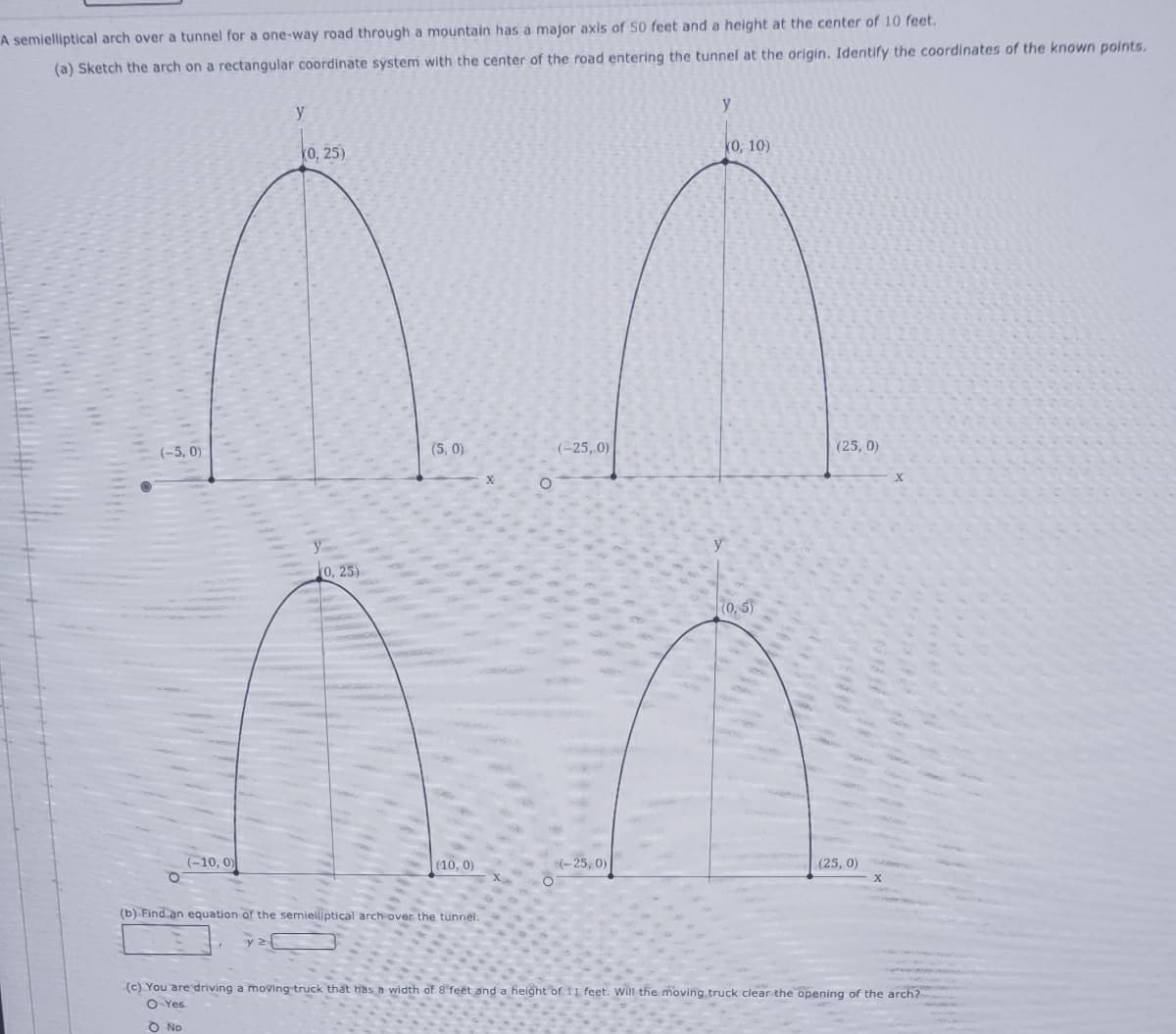 A semielliptical arch over a tunnel for a one-way road through a mountain has a major axis of 50 feet and a height at the center of 10 feet.
(a) Sketch the arch on a rectangular coordinate system with the center of the road entering the tunnel at the origin. Identify the coordinates of the known points.
y
y
0, 25)
k0, 10)
(-5, 0)
(5, 0)
(-25, 0)
(25, 0)
y
0, 25)
70, 5
(-10, 0)
(10, 0)
(-25, 0)
(25, 0)
(b) Find an equation of the semielliptical arch over the tunnel.
(c) You are driving a moving truck that has a width of 8 feet and a height of 11 feet. Will the moving truck clear the opening of the arch?
O Yes
O No
