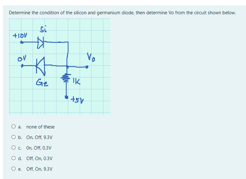 Determine the condition of the silicon and germanium diode, then determine Vo from the circuit shown below.
si
+1DV
Vo
Ge
IK
+5V
O a.
none of these
O b. On, Off, 9.3V
O c. On, Of, 0.3V
O d. Off, On, 0.3V
O e. Off, On, 9.3V

