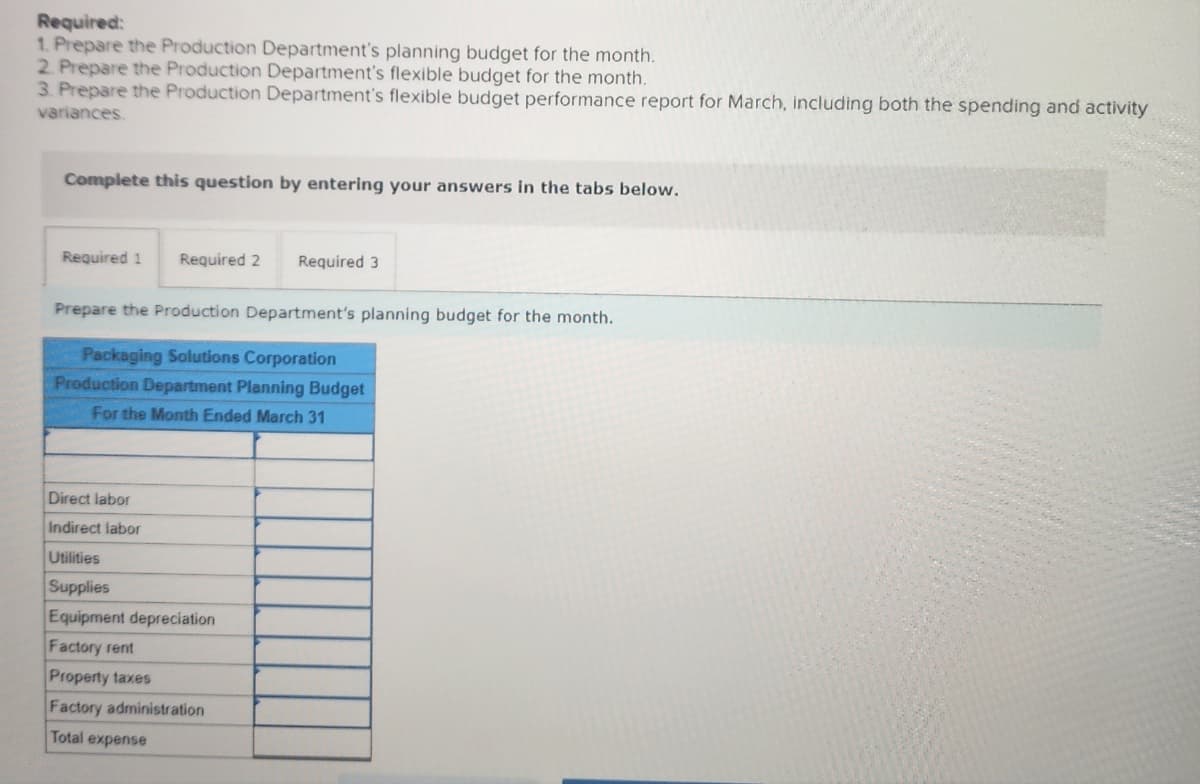 Required:
1. Prepare the Production Department's planning budget for the month.
2. Prepare the Production Department's flexible budget for the month.
3. Prepare the Production Department's flexible budget performance report for March, including both the spending and activity
variances.
Complete this question by entering your answers in the tabs below.
Required 1 Required 2 Required 3
Prepare the Production Department's planning budget for the month.
Packaging Solutions Corporation
Production Department Planning Budget
For the Month Ended March 31
Direct labor
Indirect labor
Utilities
Supplies
Equipment depreciation
Factory rent
Property taxes
Factory administration
Total expense