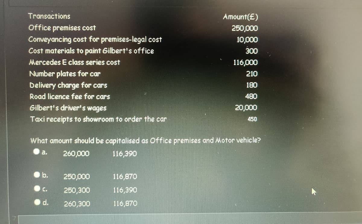 Transactions
Amount(E)
Office premises cost
Conveyancing cost for premises-legal cost
250,000
10,000
300
Cost materials to paint Gilbert's office
Mercedes E class series cost
116,000
Number plates for car
210
Delivery charge for cars
180
Road licence fee for cars
480
Gilbert's driver's wages
20,000
Taxi receipts to showroom to order the car
450
What amount should be capitalised as Office premises and Motor vehicle?
a.
260,000
116,390
b.
250,000
116,870
C.
250,300
116,390
d.
260,300
116,870
