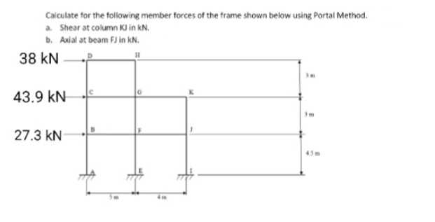 Calculate for the following member forces of the frame shown below using Portal Method.
a. Shear at column KJ in kN.
b. Axial at beam FJ in kN.
38 kN
43.9 kN
27.3 kN-
45m
