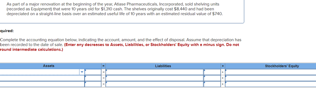 As part of a major renovation at the beginning of the year, Atiase Pharmaceuticals, Incorporated, sold shelving units
(recorded as Equipment) that were 10 years old for $1,310 cash. The shelves originally cost $8,440 and had been
depreciated on a straight-line basis over an estimated useful life of 10 years with an estimated residual value of $740.
quired:
Complete the accounting equation below, indicating the account, amount, and the effect of disposal. Assume that depreciation has
been recorded to the date of sale. (Enter any decreases to Assets, Liabilities, or Stockholders' Equity with a minus sign. Do not
round intermediate calculations.)
Assets
Liabilities
Stockholders' Equity
+
