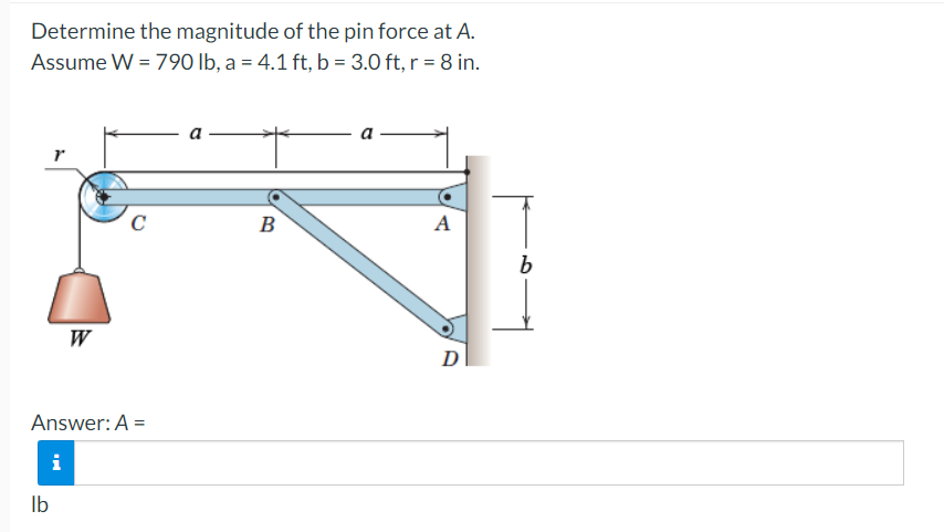 Determine the magnitude of the pin force at A.
Assume W = 790 lb, a = 4.1 ft, b = 3.0 ft, r = 8 in.
W
lb
C
Answer: A =
i
B
A
D
b