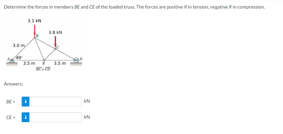 Determine the forces in members BE and CE of the loaded truss. The forces are positive if in tension, negative if in compression.
3.1 KN
3.8 KN
B
A
3.0 m
49°
3.5 m E 3.5 m
BC=CD
Answers:
BE = i
CE =
i
kN
KN