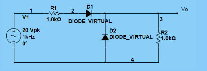 R1
D1
1
Vo
V1
1.0k2 DIODE_VIRTUAL
3
20 Vpk
1kHz
D2
R2
DIODE_VIRTUAL 21.0kQ
0°
4
2.
