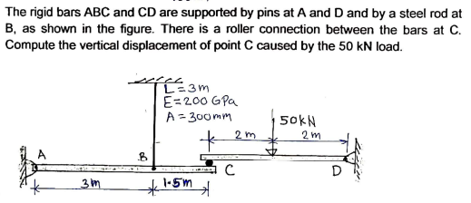 The rigid bars ABC and CD are supported by pins at A and D and by a steel rod at
B, as shown in the figure. There is a roller connection between the bars at C.
Compute the vertical displacement of point C caused by the 50 kN load.
E=200 GPa
A = 300mm
50KN
2 m
2m
1-5m
