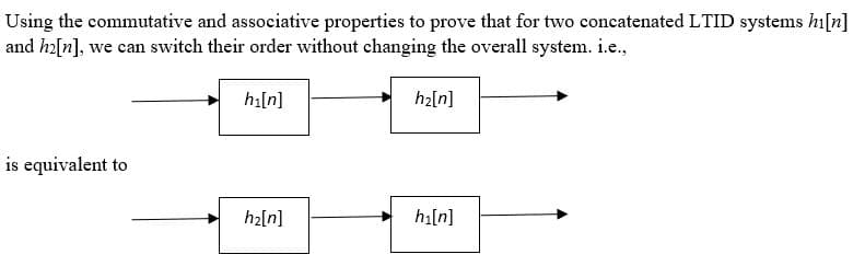 Using the commutative and associative properties to prove that for two concatenated LTID systems hi[n]
and hz[n], we can switch their order without changing the overall system. i.e.,
h2[n]
hi[n]
is equivalent to
hz[n]
hi[n]
