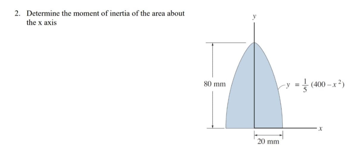 2. Determine the moment of inertia of the area about
the x axis
80 mm
20 mm
(400-x²)
X