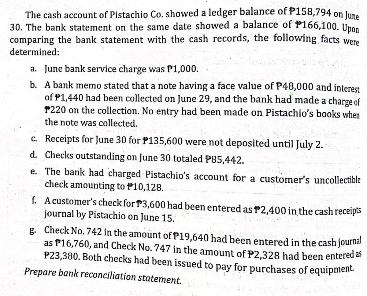 The cash account of Pistachio Co. showed a ledger balance of P158,794 on Juna
30. The bank statement on the same date showed a balance of P166,100. Unon
comparing the bank statement with the cash records, the following facts were
determined:
a. June bank service charge was P1,000.
b. A bank memo stated that a note having a facę value of P48,000 and interest
of P1,440 had been collected on June 29, and the bank had made a charge of
P220 on the collection. No entry had been made on Pistachio's books when
the note was collected.
c. Receipts for June 30 for P135,600 were not deposited until July 2.
d. Checks outstanding on June 30 totaled P85,442.
e. The bank had charged Pistachio's account for a customer's uncollectible
check amounting to P10,128.
f. Acustomer's check for P3,600 had been entered as P2,400 in the cash receipts
journal by Pistachio on June 15.
g. Check No. 742 in the amount of P19,640 had been entered in the cash journai
as P16,760, and Check No. 747 in the amount of P2.328 had been entered as
P23,380. Both checks had been issued to pay for purchases of equipment.
Prepare bank reconciliation statement.

