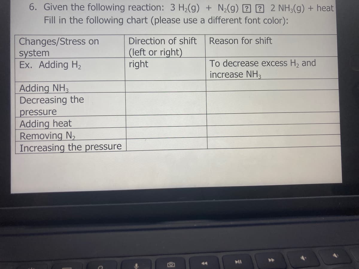 6. Given the following reaction: 3 H2(g) + N2(g) ? 2 2 NH;(g) + heat
Fill in the following chart (please use a different font color):
Changes/Stress on
system
Ex. Adding H2
Direction of shift
Reason for shift
(left or right)
right
To decrease excess H2 and
increase NH3
Adding NH3
Decreasing the
pressure
Adding heat
Removing N,
Increasing the pressure
