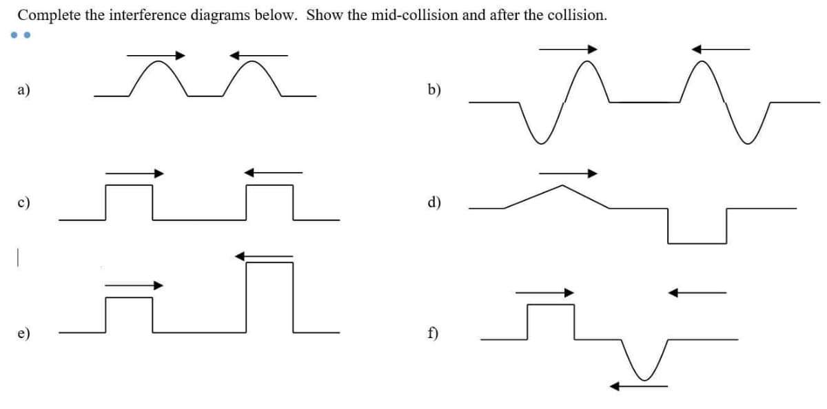 Complete the interference diagrams below. Show the mid-collision and after the collision.
a)
b)
с)
d)
