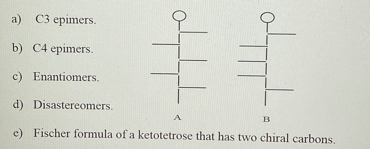 a)
С3 ерimers.
b) C4 epimers.
c) Enantiomers.
d) Disastereomers.
A
B
e) Fischer formula of a ketotetrose that has two chiral carbons.
