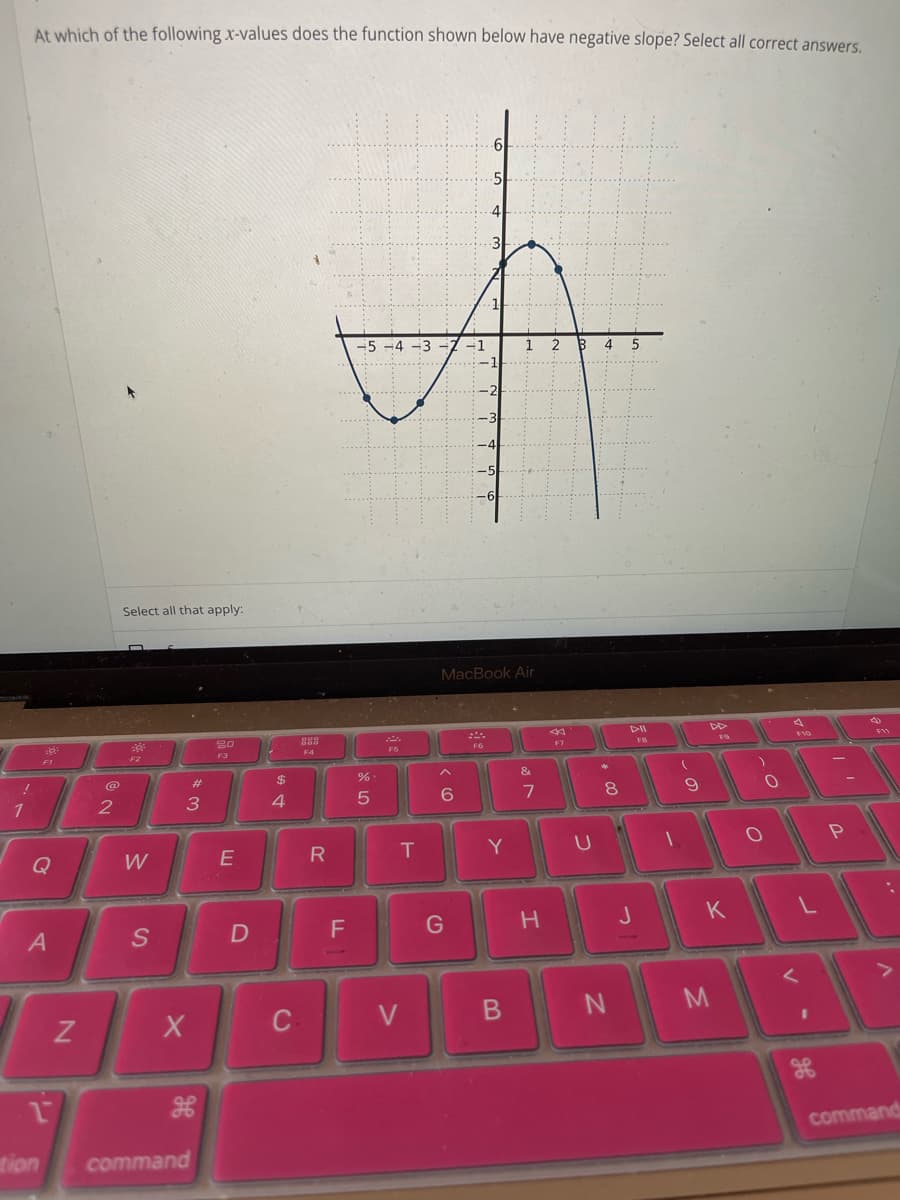 !
1
At which of the following x-values does the function shown below have negative slope? Select all correct answers.
F1
A
1
tion
N
2
Select all that apply:
F2
W
S
3
X
#
OP
command
20
F3
E
D
$
4
C
888
F4
R
LL
-5-4-3
85
%
F5
T
V
6
-1
G
MacBook Air
5
4
3
F6
Y
1 2 3 4 5
B
&
7
H
F2
U
*
8
N
DII
J
1
(
9
FO
K
M
O
0
V
F10
FAD
,!
P
FIL
command