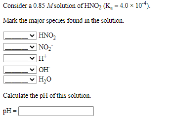 Consider a 0.85 Msolution of HNO, (K, = 4.0 × 104).
Mark the major species found in the solution.
] HNO,
|NO2
OH
]H,O
Calculate the pH of this solution.
pH =
