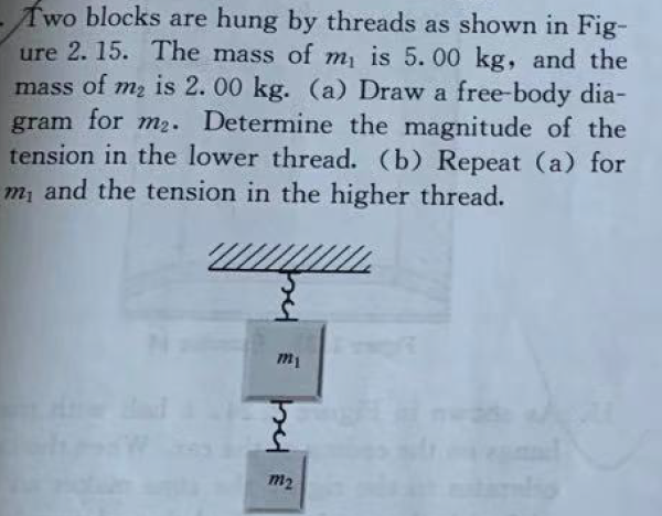 Two blocks are hung by threads as shown in Fig-
ure 2. 15. The mass of m is 5. 00 kg, and the
mass of m2 is 2. 00 kg. (a) Draw a free-body dia-
gram for m2. Determine the magnitude of the
tension in the lower thread. (b) Repeat (a) for
m, and the tension in the higher thread.
m1
m2

