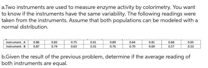 a.Two instruments are used to measure enzyme activity by colorimetry. You want
to know if the instruments have the same variability. The following readings were
taken from the instruments. Assume that both populations can be modeled with a
normal distribution.
Instrument A
Instrument. B
0.86
0.82
0.75
0.61
0.89
0.64
0.81
0.68
0.65
0.87
0.74
0.63
0.55
0.76
0.70
0.69
0.57
0.53
b.Given the result of the previous problem, determine if the average reading of
both instruments are equal.
