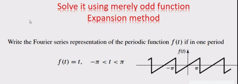 Solve it using merely odd function
Expansion method
Write the Fourier series representation of the periodic function f (t) if in one period
f(1) A
VAA
f(t) = t,
-A <t < T
TT
