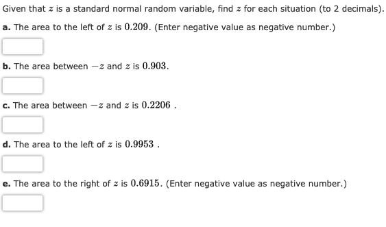Given that z is a standard normal random variable, find z for each situation (to 2 decimals)
a. The area to the left of z is 0.209. (Enter negative value as negative number.)
b. The area between -z and z is 0.903
-z and z is 0.2206
c. The area between
d. The area to the left of z is 0.9953 .
e. The area to the right of z is 0.6915. (Enter negative value as negative number.)
