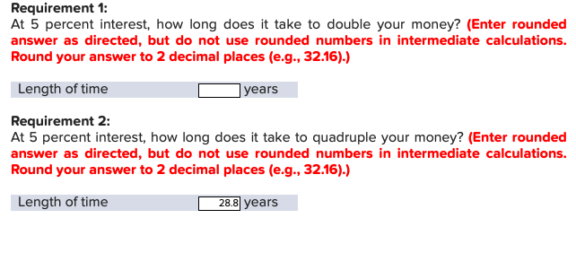 Requirement 1:
At 5 percent interest, how long does it take to double your money? (Enter rounded
answer as directed, but do not use rounded numbers in intermediate calculations.
Round your answer to 2 decimal places (e.g., 32.16).)
Length of time
years
Requirement 2:
At 5 percent interest, how long does it take to quadruple your money? (Enter rounded
answer as directed, but do not use rounded numbers in intermediate calculations.
Round your answer to 2 decimal places (e.g., 32.16).)
Length of time
28.8 years

