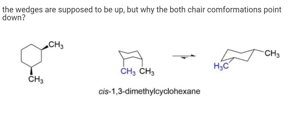 the wedges are supposed to be up, but why the both chair comformations point
down?
CH3
CH3
H3C
CH3 CH3
ČH3
cis-1,3-dimethylcyclohexane
