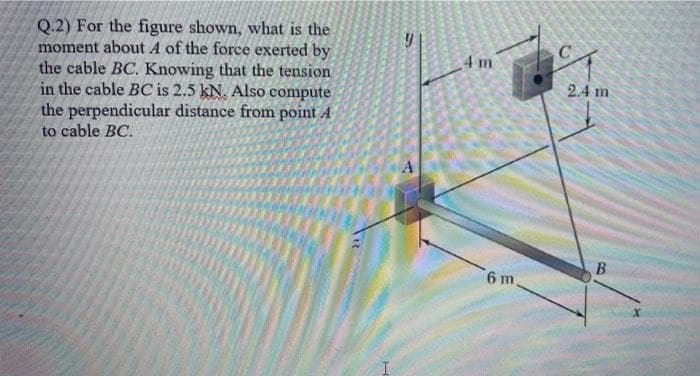 Q.2) For the figure shown, what is the
moment about A of the force exerted by
the cable BC. Knowing that the tension
in the cable BC is 2.5 kN. Also compute
the perpendicular distance from point A
to cable BC.
4 m
2.4 m
B
