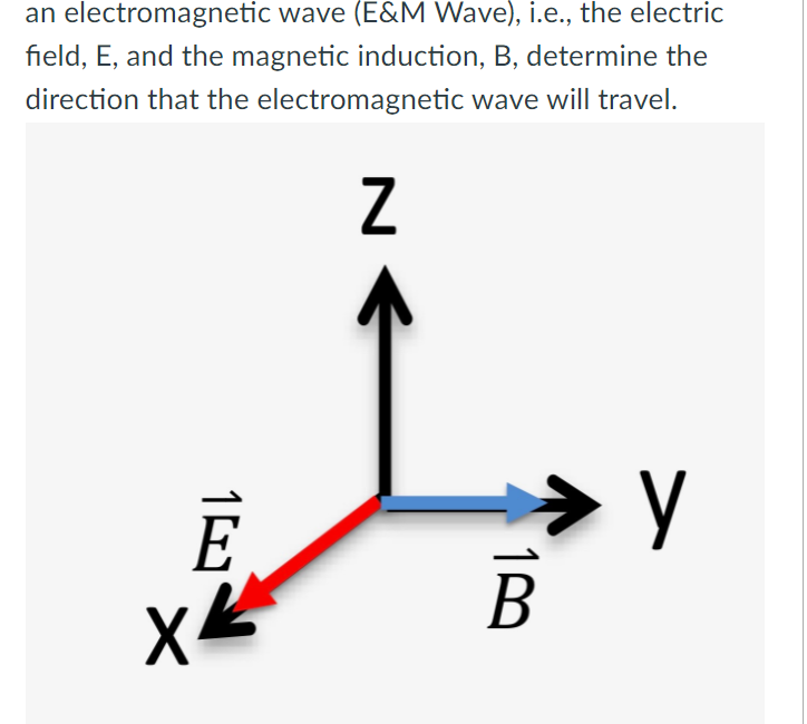 an electromagnetic wave (E&M Wave), i.e., the electric
field, E, and the magnetic induction, B, determine the
direction that the electromagnetic wave will travel.
B
