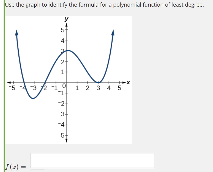 Use the graph to identify the formula for a polynomial function of least degree.
y
2-
1-
++>X
-5 -4 -3 2 -1
1 2 3 4 5
-1-
-2-
-3-
-4+
-5+
f (2) =
