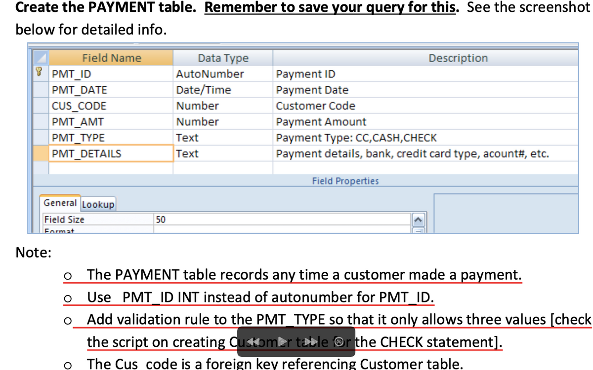 Create the PAYMENT table. Remember to save your query for this. See the screenshot
below for detailed info.
Field Name
Data Type
Description
8 PMT_ID
|РMT_DATE
CUS_CODE
PMT AMT
PMT TYPE
AutoNumber
Рayment ID
Date/Time
Payment Date
Number
Customer Code
Number
Payment Amount
Payment Type: Cc,CASH,CHECK
Payment details, bank, credit card type, acount#, etc.
Тext
PMT_DETAILS
Text
Field Properties
General Lookup
Field Size
50
Format
Note:
The PAYMENT table records any time a customer made a payment.
Use PMT_ID INT instead of autonumber for PMT_ID.
Add validation rule to the PMT TYPE so that it only allows three values [check
the script on creating Customer table ®r the CHECK statement].
The Cus code is a foreign key referencing Customer table.
