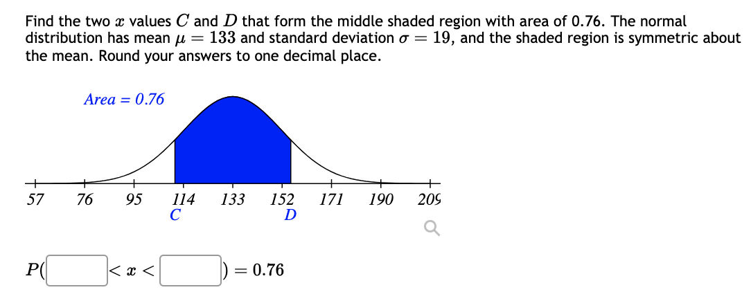 Find the two x values C and D that form the middle shaded region with area of 0.76. The normal
distribution has mean u 133 and standard deviation o= 19, and the shaded region is symmetric about
the mean. Round your answers to one decimal place.
+
57
P(
Area = 0.76
76 95 114 133 152
с
D
< x <
= 0.76
171 190
209
