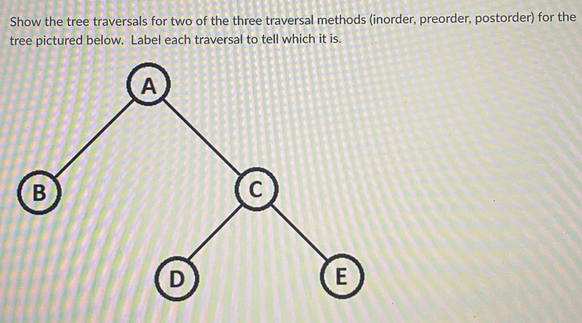 Show the tree traversals for two of the three traversal methods (inorder, preorder, postorder) for the
tree pictured below. Label each traversal to tell which it is.
A
B
E
D