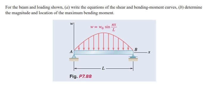 For the beam and loading shown, (a) write the equations of the shear and bending-moment curves, (b) determine
the magnitude and location of the maximum bending moment.
w = wo sin
B
A
Fig. P7.88
