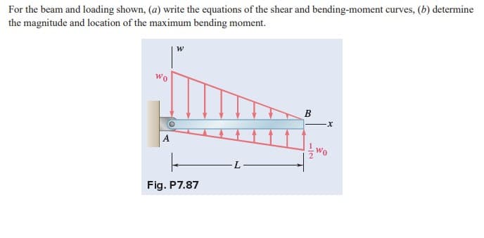 For the beam and loading shown, (a) write the equations of the shear and bending-moment curves, (b) determine
the magnitude and location of the maximum bending moment.
wo
B
Fig. P7.87
